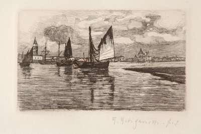 Boten in de lagune door Giuseppe Miti Zanetti