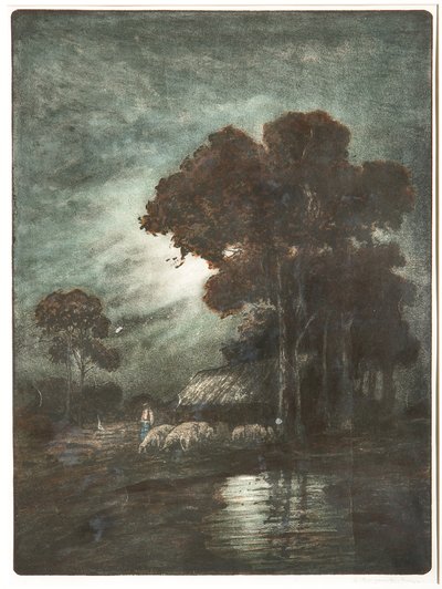 Landschap en Kudde (ets) door Giuseppe Miti Zanetti