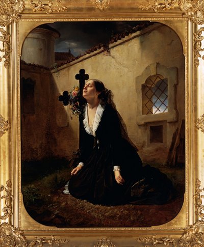 Rouwend om verlies van geliefde of vrouw van Kolonel Manara bij graf van haar man door Giuseppe Molteni