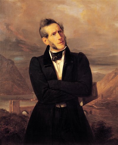Portret van Alessandro Manzoni met uitzichten op Lecco door Giuseppe Molteni