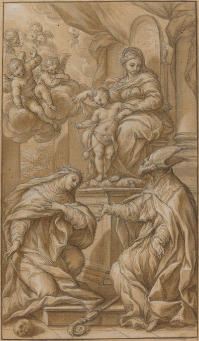 De Madonna en Kind op de troon, aanbeden door twee heiligen door Giuseppe Nicola Nasini