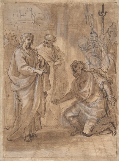 Christus en de centurion recto, figuur zwaaiend naar vertrekkend schip verso door Giuseppe Passeri