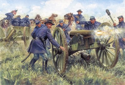 Amerikaanse Burgeroorlog: Soldaten van het Noorden (Unie) gebruiken een geweer tijdens een gevecht - Illustratie door Giuseppe Rava door Giuseppe Rava