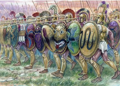 Oud-Griekenland: de aanval van hoplieten, zwaarbewapende infanteristen - Illustratie door Giuseppe Rava door Giuseppe Rava