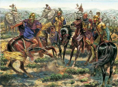 Oud Rome: opstand van Amsicora (Hampsicora of ampsicora) (3e eeuw v.Chr.) Latifundist Carthaags tegen Romeinse macht in 215 v.Chr. - Illustratie door Giuseppe Rava door Giuseppe Rava