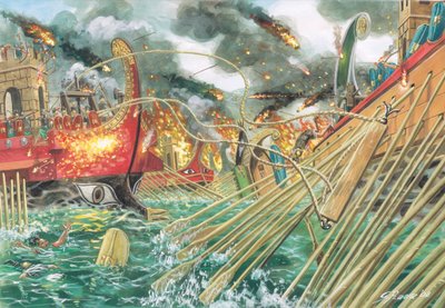 Oud Rome: de slag bij Actium gevochten tussen de troepen van Octavianus en de gecombineerde troepen van Marcus Antonius en Cleopatra VII op 2 september 31 v.Chr. - Illustratie door Giuseppe Rava door Giuseppe Rava