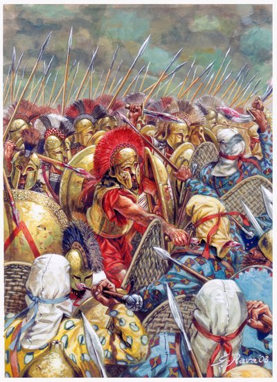 Slag bij de Thermopylen: Het Spartaanse leger onder bevel van Leonidas I vecht samen met de Grieken tegen de Perzen in 480 v.Chr. (Illustratie door Giusep) door Giuseppe Rava
