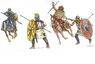 Cataphract vecht tegen een Romeinse legionair en een Romeinse legionair vecht tegen een Hunse krijger door Giuseppe Rava