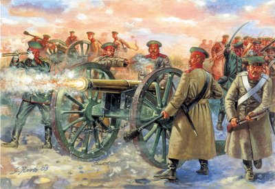 Krimoorlog: Russische artillerieheer van de Slag bij Balaklava op 25/10/1854 - Illustratie door Giuseppe Rava door Giuseppe Rava