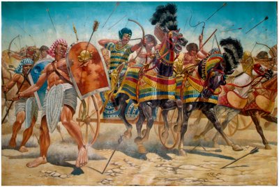 Egyptische Oudheid: voorstelling van Farao Ramses II (1304-1213 v.Chr.) met zijn leger tijdens de Slag bij Qadesh in 1274 v.Chr. (Illustratie) door Giuseppe Rava