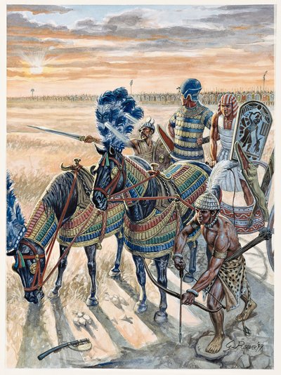 Egyptische oudheid: voorstelling van Farao Ramses II (1304-1213 v.Chr.) met zijn leger - Illustratie door Giuseppe Rava door Giuseppe Rava