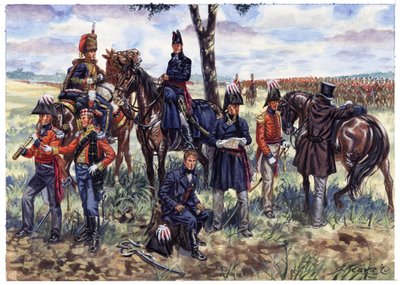 Eerste Keizerrijk: Staf van de hertog van Wellington bij de slag van Waterloo op 18 juni 1815 - Illustratie door Giuseppe Rava door Giuseppe Rava