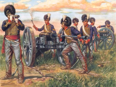 Eerste Keizerrijk: Engelse artilleriesoldaten die een kanon laden tijdens de Slag bij Waterloo in 1815 - Illustratie door Giuseppe Rava door Giuseppe Rava