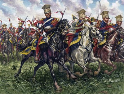 Eerste Keizerrijk: de Rode Lansiers of Regiment van Paard-Legers van de Keizerlijke Garde tijdens de Slag bij Waterloo op 18/06/1815 door Giuseppe Rava