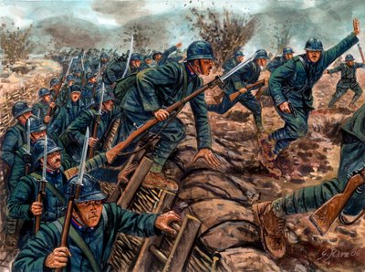 Eerste Wereldoorlog: Aanval van de Italiaanse infanterie - Illustratie door Giuseppe Rava door Giuseppe Rava