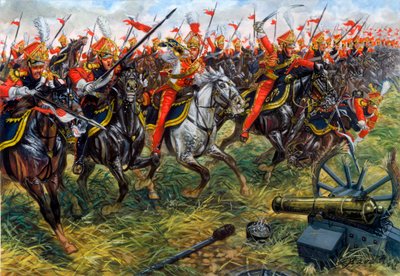 Eerste Keizerrijk: 2e regiment lansiers van de Keizerlijke Garde van Napoleon I bij de Slag bij Waterloo 18/06/1815 (Illustratie) door Giuseppe Rava