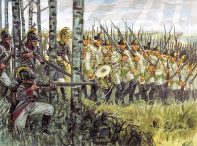 Eerste Keizerrijk: soldaten van de Oostenrijkse infanterie in opmars rond 1798 - 1805 door Giuseppe Rava