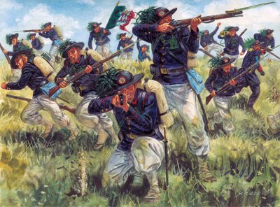 Italiaanse Campagne van 1859 (Tweede Italiaanse Onafhankelijkheidsoorlog): bersaglieri (bersagliers) van het Italiaanse leger in actie - Illustratie door Giuseppe Rava door Giuseppe Rava