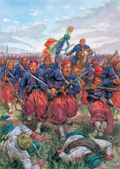 Italiaanse Campagne van 1859 (Tweede Italiaanse Onafhankelijkheidsoorlog): de charge van de Zouaven van het Franse Leger van Napoleon III tijdens de Slag bij Solferino op 24/06/1859 - Tweede Italiaanse Onafhankelijkheidsoorlog (Frans-Oostenrijkse Oorlog, O door Giuseppe Rava