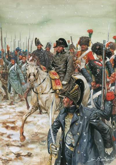 Leve de keizer! Keizer Napoleon I (1769-1821) te paard omringd door zijn leger tijdens de Franse campagne in januari 1814 - Illustratie door Giuseppe Rava door Giuseppe Rava