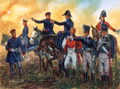 Napoleontische Oorlog: Arthur Wellesley, hertog van Wellington, en Gebhard Leberecht von Blucher bij de Slag van Waterloo 18 juni 1815 - Illustratie door Giuseppe Rava door Giuseppe Rava