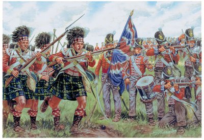Napoleontische Oorlogen: Schotse en Britse soldaten bij de Slag van Waterloo op 18 juni 1815 - Illustratie door Giuseppe Rava door Giuseppe Rava