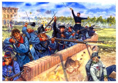 Risorgimento, Eerste Italiaanse Onafhankelijkheidsoorlog, Italiaanse studenten tijdens de slag bij Curtatone en Montanara op 29/05/1848 - Illustratie door Giuseppe Rava door Giuseppe Rava