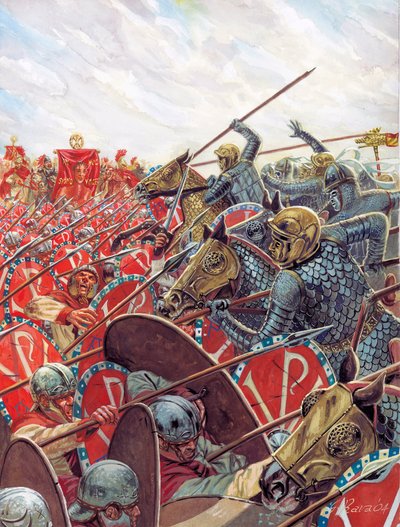 Romeinse Oudheid: Slag bij de Milviusbrug op 28/10/312 tussen Constantijn en Maxentius nabij Rome, Italië - Slag bij de Milviaanse Brug tussen de Romeinse keizers Constantijn I en Maxentius op 28 oktober 312 nabij Rome - Illustratie door Giuseppe Rava door Giuseppe Rava