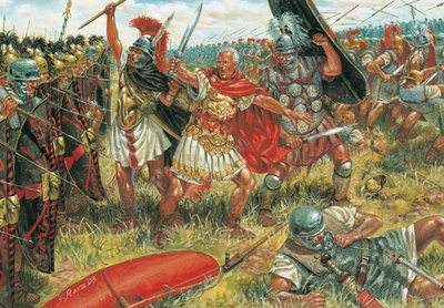 Romeinse Oudheid: Julius Caesar (100-44 v.Chr.) wint de Slag bij Munda op 17 maart 45 v.Chr. in Zuid-Spanje tegen aanhangers van de Republiek (Illustratie) door Giuseppe Rava