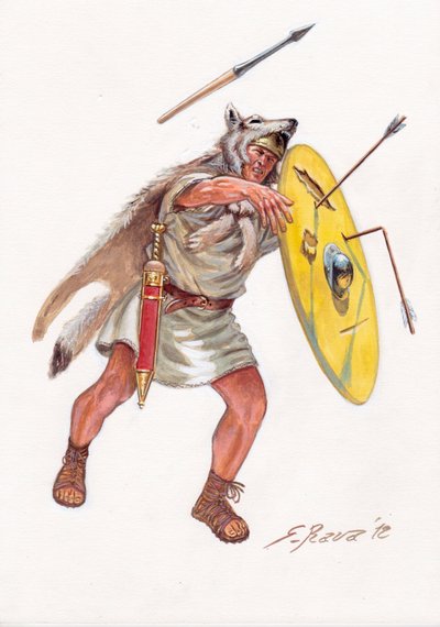 Romeinse oudheid (Republiek): veliet (lichte infanterist van de arme eeuwen) van het Romeinse leger - velieten uit de Romeinse republiek - Illustratie door Giuseppe Rava door Giuseppe Rava