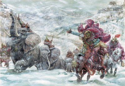 Romeinse Oudheid: de olifanten van Hannibal tijdens de oversteek van de Alpen (Illustratie door Giuseppe Rava) door Giuseppe Rava