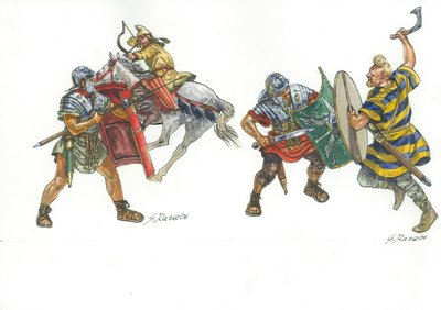 Romeinse legionairs vechten tegen een Parthische bereden boogschutter en een Frankische krijger door Giuseppe Rava