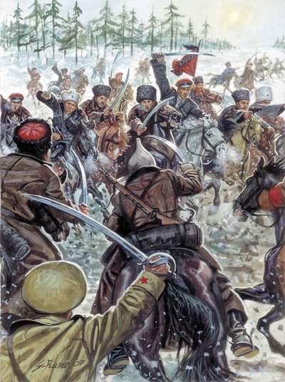 Russische Burgeroorlog (1917-1923): Kaukasische soldaten aan de zijde van de Witte Legers in 1919 - Illustratie door Giuseppe Rava door Giuseppe Rava