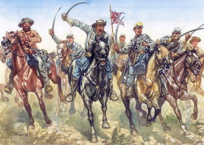 Secessieoorlog (1861-1865) - Amerikaanse burgeroorlog: de cavalerie van de confederatie die aanvalt - Illustratie door Giuseppe Rava door Giuseppe Rava