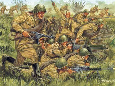Tweede Wereldoorlog: Aanval van Russische infanterie in lichte uniformen - WOII: Russische soldaten in zomerse uniformen - Illustratie door Giuseppe Rava door Giuseppe Rava