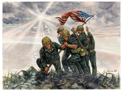 Tweede Wereldoorlog, Pacifische Oorlog: Slag om Iwo Jima, overwinning van de Amerikaanse mariniers in februari 1945 - WOII, Pacifische oorlog: Slag om Iwo Jima (Operatie Detachment), de Amerikaanse mariniers hijsen de Amerikaanse vlag, februari 1945, Japan door Giuseppe Rava