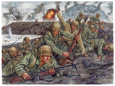 Tweede Wereldoorlog, Pacifische Oorlog: Landing op 19/02/1945 tijdens de Slag om Iwo Jima door Giuseppe Rava