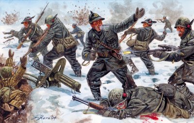 Tweede Wereldoorlog, Russisch Front: Italiaanse Alpenjagers in Rusland in januari 1943 - Illustratie door Giuseppe Rava door Giuseppe Rava