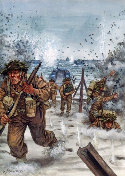 Tweede Wereldoorlog: Schotse soldaten tijdens de landing in Normandië 6/06/1944 - Illustratie door Giuseppe Rava door Giuseppe Rava