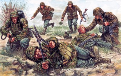 Tweede Wereldoorlog: soldaten van de Sturmtruppen, een elite-eenheid van het Duitse Keizerlijke Leger, een van hen knipt prikkeldraad door door Giuseppe Rava