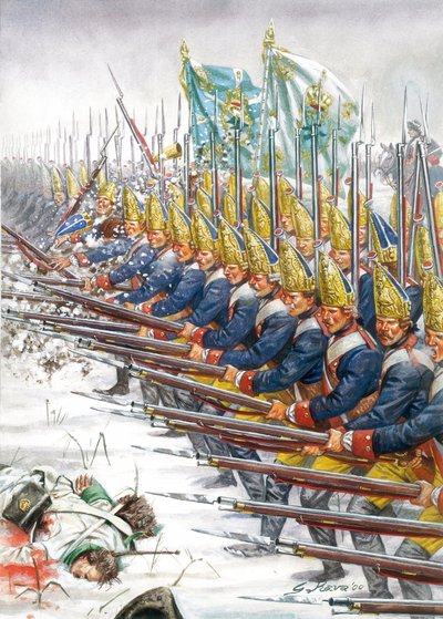 Zevenjarige Oorlog: Grenadiers van het Pruisische Leger tijdens de Slag bij Leuthen, 05/12/1757 - Illustratie door Giuseppe Rava door Giuseppe Rava