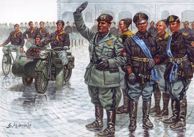 De Duce Benito Mussolini met zijn Zwarthemden tijdens een Militaire Parade door Giuseppe Rava