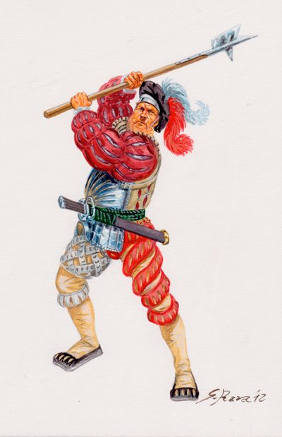 Een Lansquenet, Duitse huurling-pikeman - een Landsknecht Duitse huurling-pikeman - Illustratie door Giuseppe Rava door Giuseppe Rava