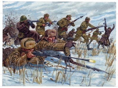 Tweede Wereldoorlog: Russische infanteriesoldaten die oprukken op het slagveld - Illustratie door Giuseppe Rava door Giuseppe Rava