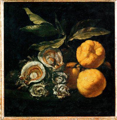 Nature Morte aux huitres et aux coings - Stilleven met oesters en kweepeer ... door Giuseppe Recco