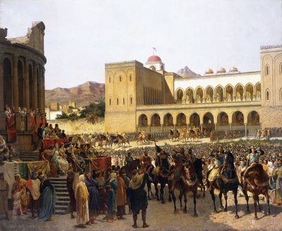 Het vertrek van Ruggero I, koning van Sicilië, uit het Palazzo Reale door Giuseppe Sciuti