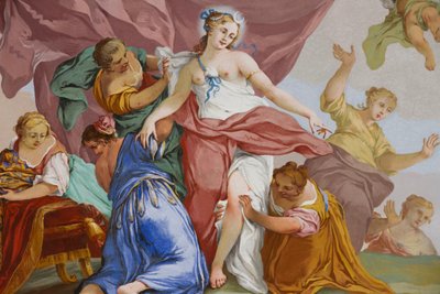 Voorstellingen van de mythe van Diana, door Domenico en Giuseppe Valeriani, fresco, gewelfd plafond van de slaapkamer, Koninklijk appartement, Jachthuis, door Filippo Juvarra (1678-1736), Stupinigi, Piëmont, Italië door Giuseppe and Valeriani Domenico Valeriani