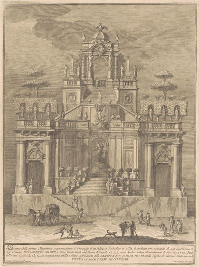 De Prima Macchina voor de Chinea van 1778: Een plattelandsbelvedère met Hercules en Antaeus door Giuseppe Vasi, after Giuseppe Palazzi