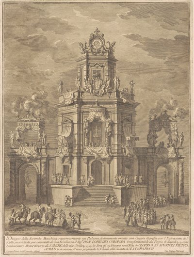De Seconda Macchina voor de Chinea van 1776: Een paleis met een loggia voor de loterijtrekking door Giuseppe Vasi, after Giuseppe Palazzi