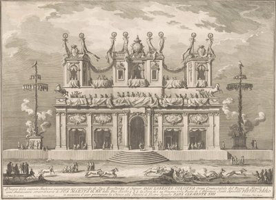 De Seconda Macchina voor de Chinea van 1765: Een versierd gebouw met Cockaigne-palen door Giuseppe Vasi, after Giuseppe Palazzi, after Paolo Posi